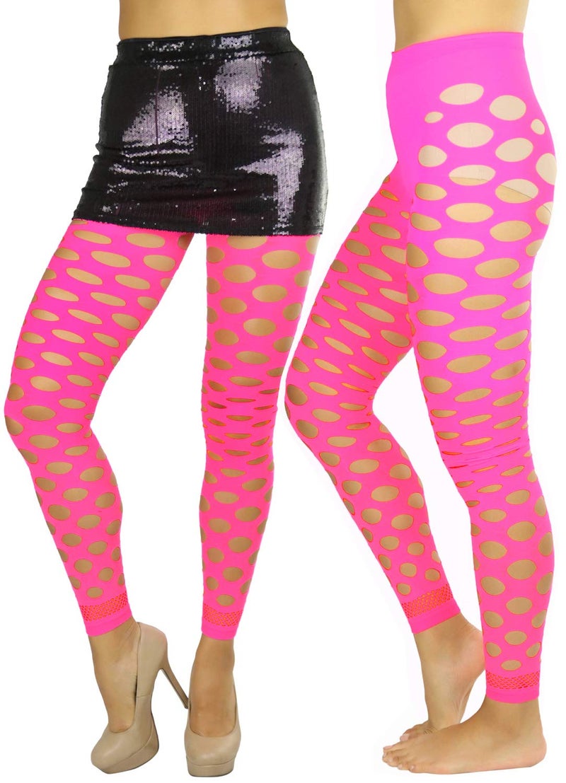 ToBeInStyle Womenâ€™s Pothole Rip Hole Punk Hosiery Tights Leggings Distressed Style - Circular Neon Pink - One Size - Image 1